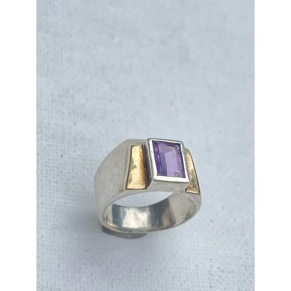 Vintage Art Deco Sterling Silver Amethyst Ring - Size 7